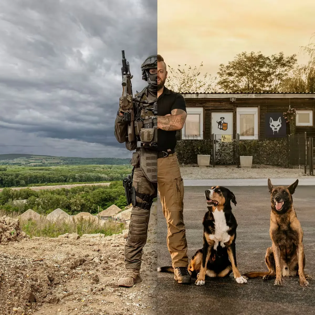 Georg Resch: links im Cobra-Einsatzoutfit, rechts mit zwei Hunden vor dem Teufelshunde-Gelände