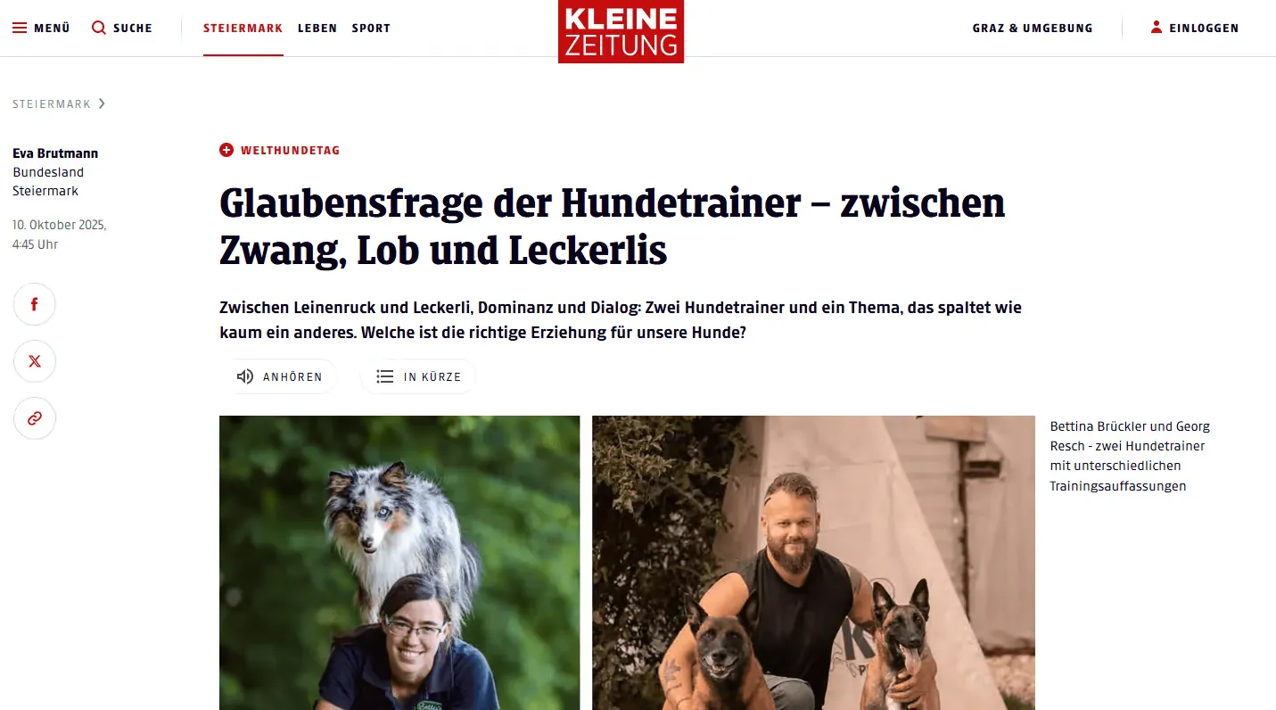 Artikel der Kleinen Zeitung über die Glaubensfrage der Hundetrainer