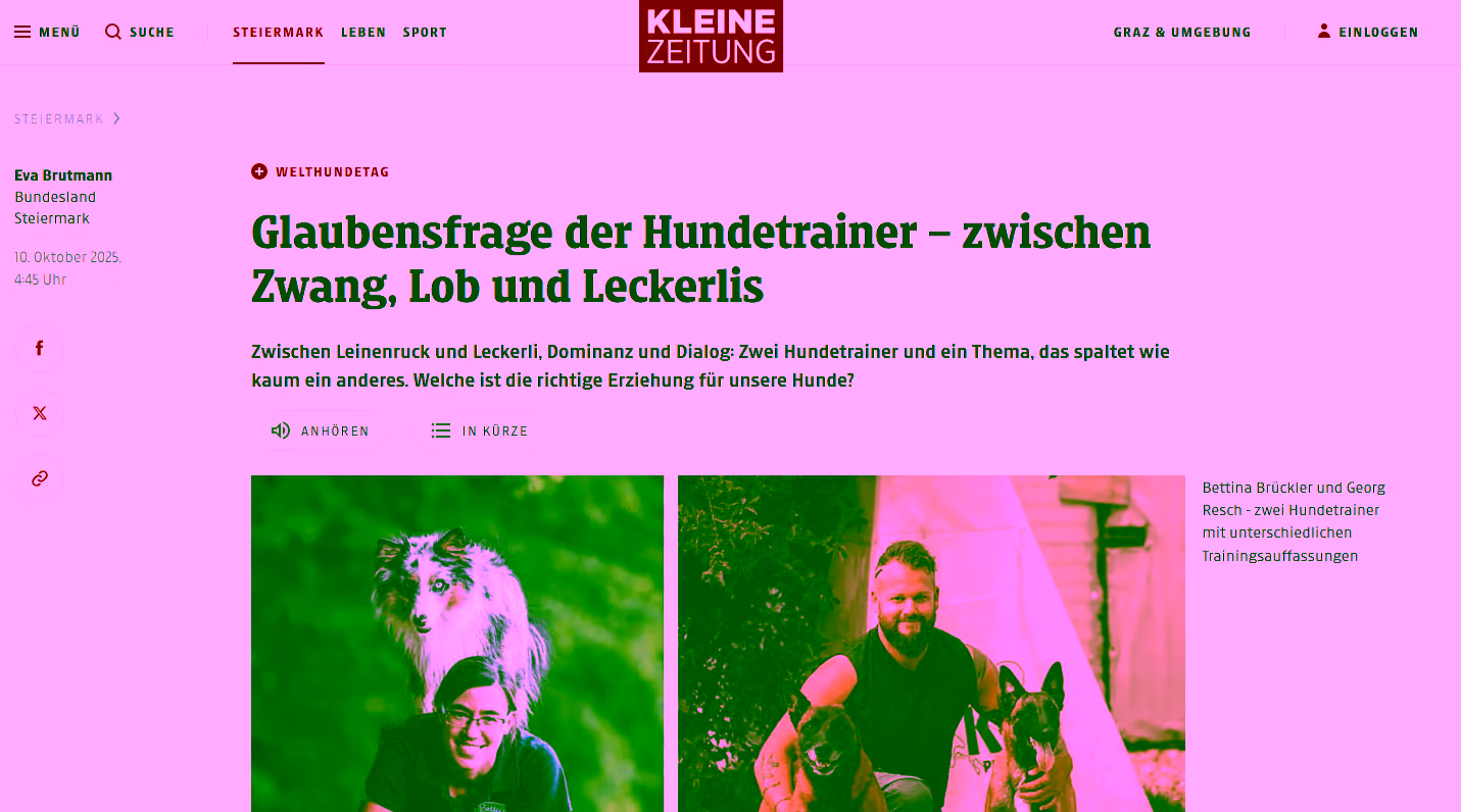 Artikel der Kleinen Zeitung über die Glaubensfrage der Hundetrainer