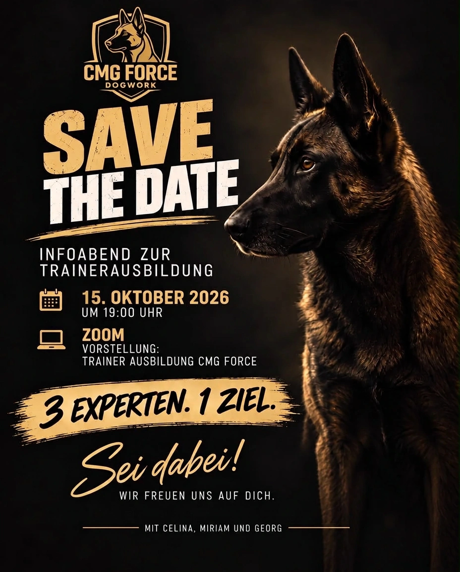 Save the Date: Infoabend zur Trainerausbildung von CMG Force Dogwork, 15. Oktober 2026 um 19:00 Uhr per Zoom, mit Celina, Miriam und Georg