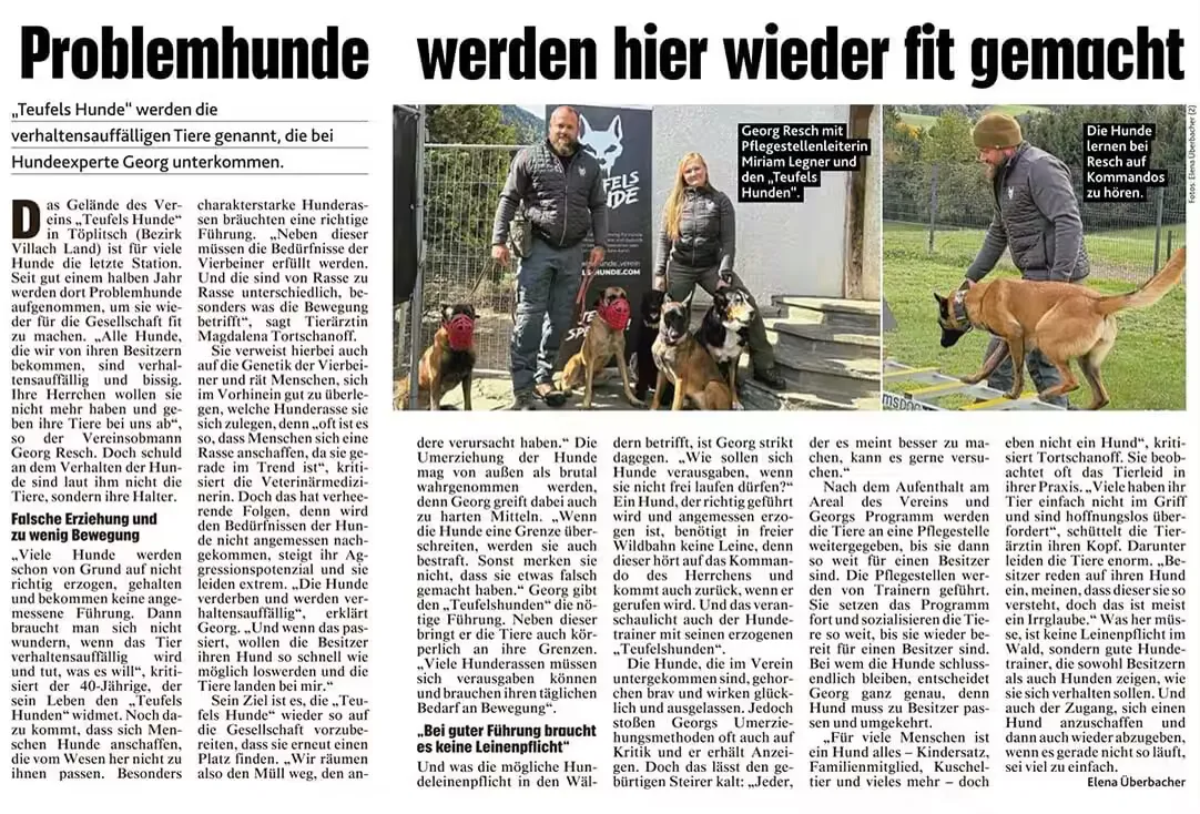 Zeitungsartikel „Problemhunde werden hier wieder fit gemacht“